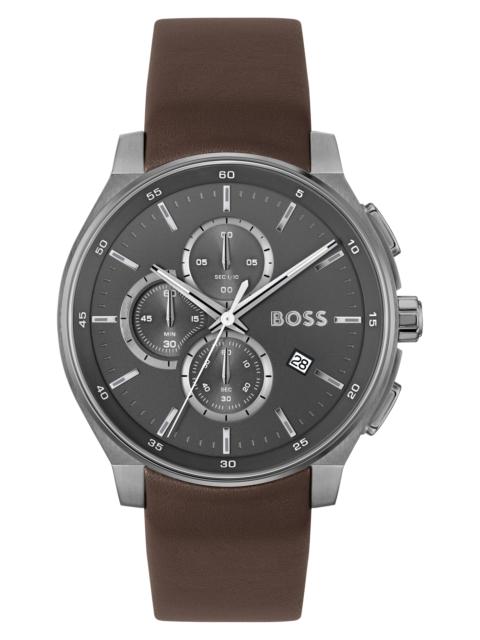 BOSS BOSS Peak 2.0 Chronograph Leather Strap Watch, 45mm in Brown/Gray at Nordstrom