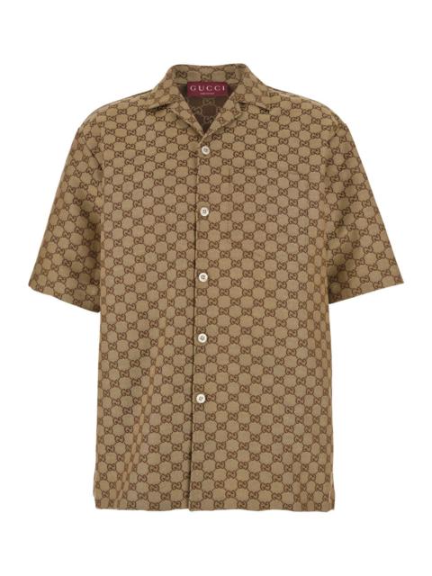 GUCCI Gucci Men Beige Bowling Shirt With All-Over Gg Motif In Linen Man