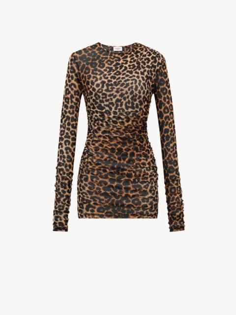 SAINT LAURENT RUCHED MINI DRESS IN LEOPARD TULLE JERSEY