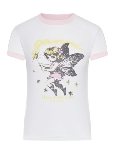 GANNI COTTON T-SHIRT WITH FAIRY GRAPHIC PRINT