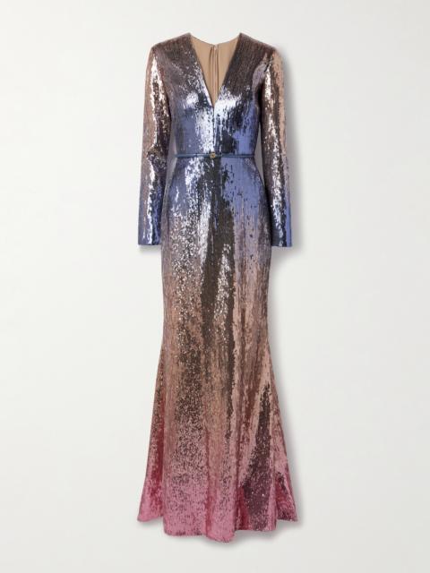 ELIE SAAB Belted Ombré Sequined Tulle Gown