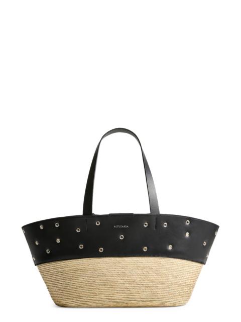 Altuzarra Altuzarra Knot Studded Leather & Straw Basket Tote in 381001 Black/Silver at Nordstrom