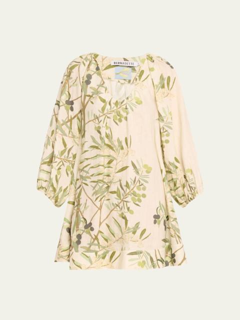 BERNADETTE Flowy Puff-Sleeve Printed Linen Mini Dress
