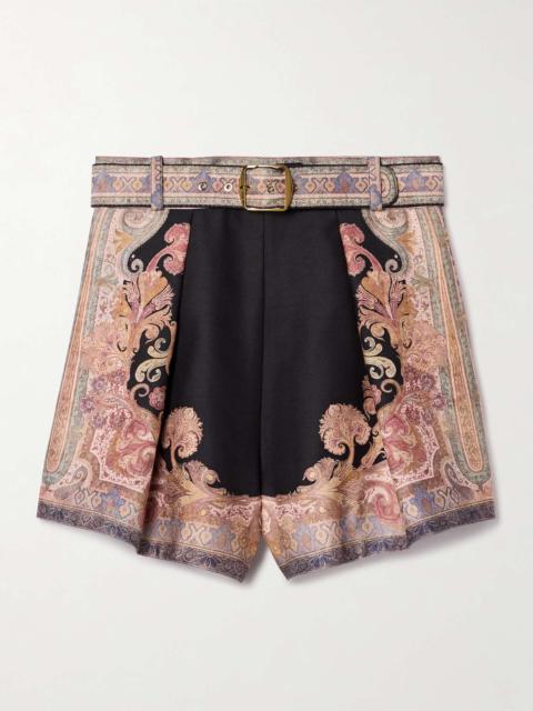 Illustration belted pleated printed silk and cotton-blend twill shorts