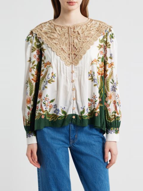 FARM RIO FARM Rio Sand Nature Lace Yoke Button-Up Shirt in Nature Sand at Nordstrom