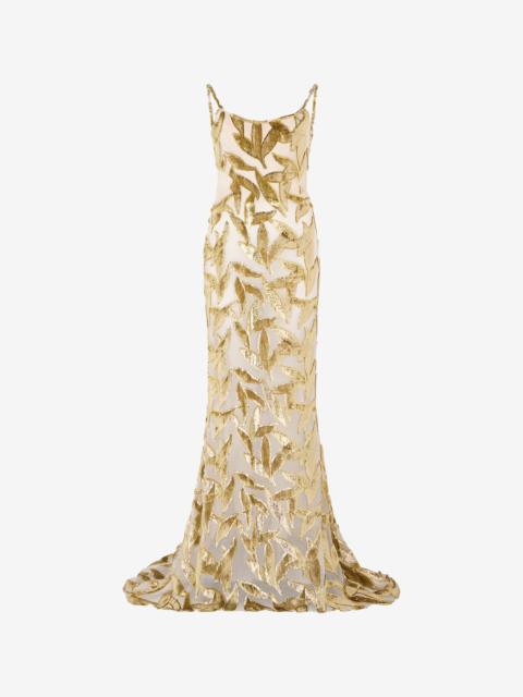 Roberto Cavalli Extra-long Sheer Ivory Dress with Foliage Motif