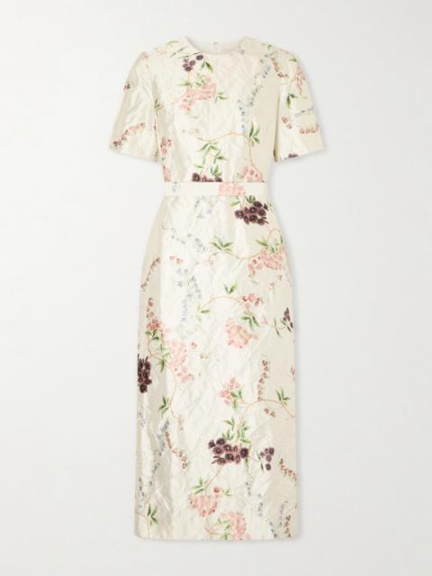 Erdem Belted Floral-print Crinkled Satin Midi Dress