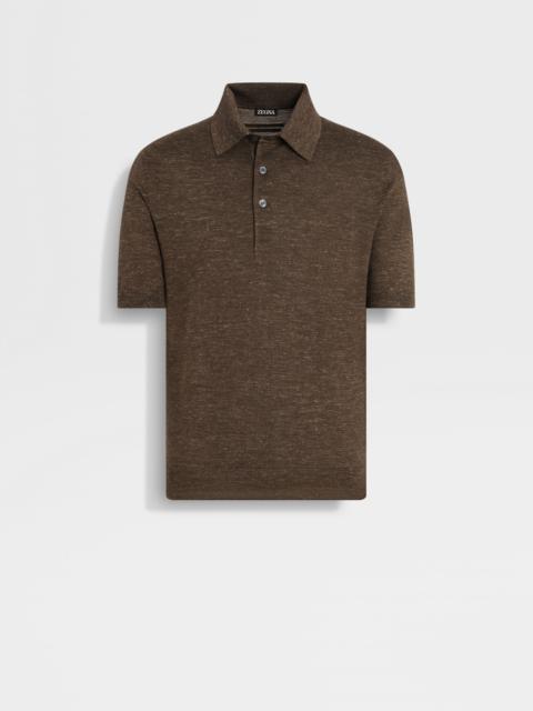 ZEGNA BROWN MÉLANGE SILK CASHMERE AND LINEN POLO SHIRT