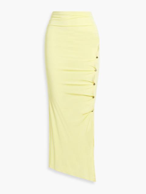Acne Studios Embellished ruched cutout stretch-jersey midi skirt