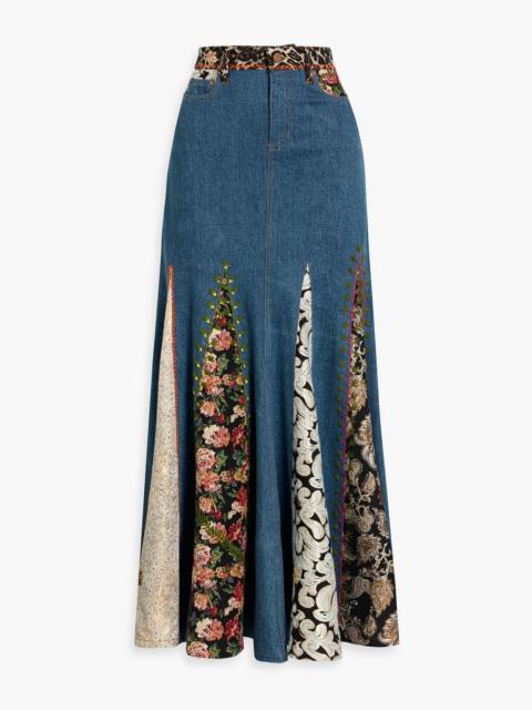 Alice + Olivia Nala embroidered jacquard and denim maxi skirt