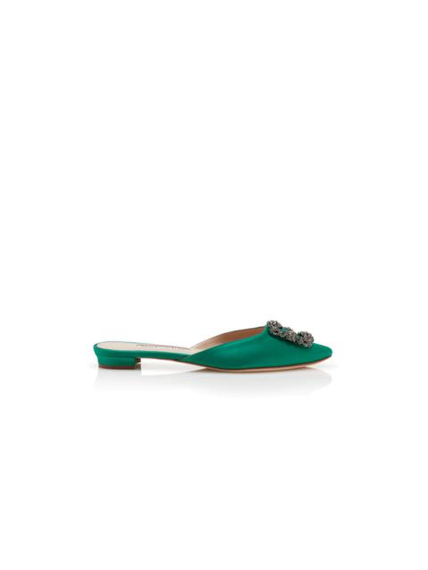 Manolo Blahnik Green Satin Jewel Buckle Flat Mules