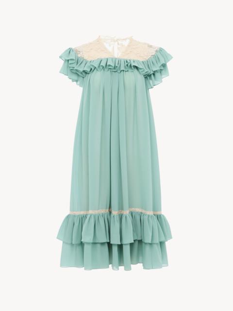 Chloé SHORT-SLEEVE MINI DRESS IN SILK GEORGETTE & LACE