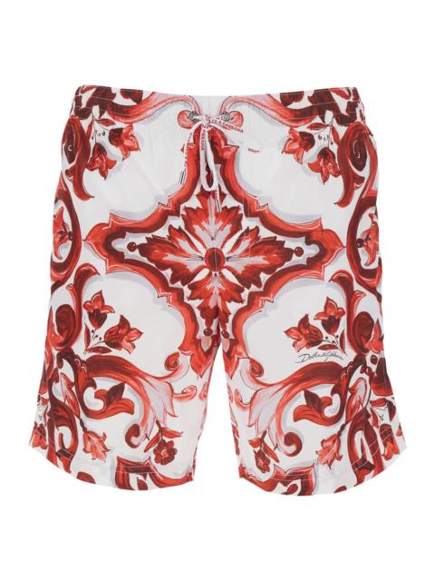 Dolce & Gabbana Dolce & Gabbana Men Bordeaux Swim Shorts With Drawstring Waist And All-Over Maiolica Print In Tech F