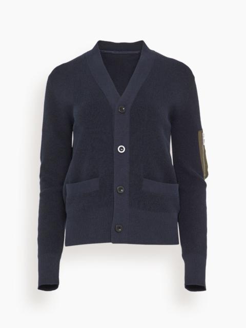 sacai Nylon Twill Cotton Knit Cardigan in Navy/Dark Khaki
