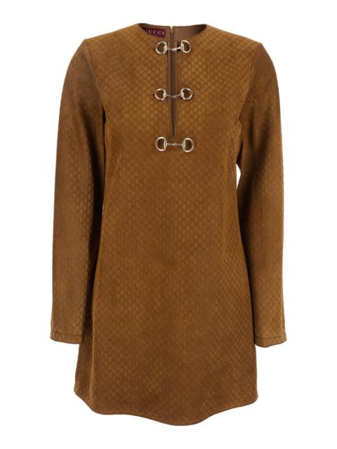 GUCCI Gucci Women Brown Dress With Front Horsebit Details And All-Over Gg Motif In Suede Woman