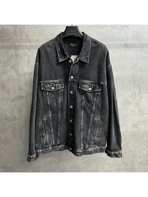 BALENCIAGA Balenciaga Black-Grey Denim Jacket with All-Over Crystal-Embellished Logo Pattern and Single-Breaste