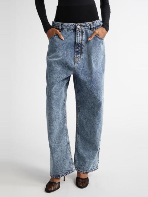 Alaïa Inset Wide Knit Waistband Loose Fit Straight Leg Jeans in Bleu Neige at Nordstrom