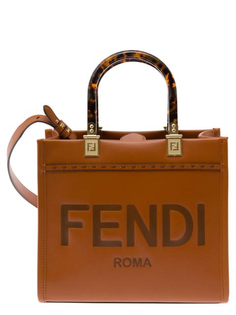 FENDI Fendi Women 'Sunshine Small' Brown Tote Bag With Embossed Logo And Tortoiseshell Handles In Leather 