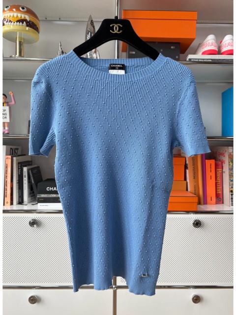 CHANEL Chanel crochet mulberry silk cotton light blue knit short-sleeved top