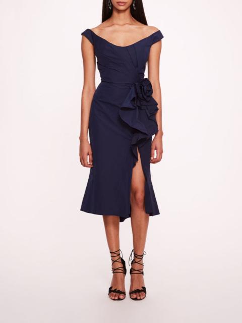 Marchesa TAFFETA TRUMPET MIDI DRESS