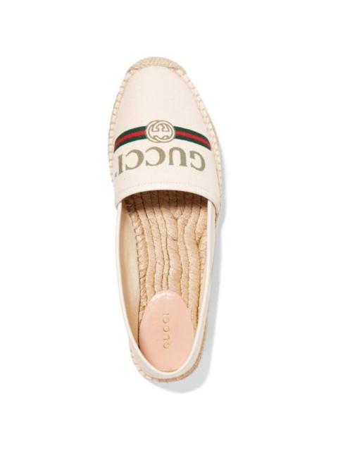 GUCCI Off-white Logo Printed Canvas Leather Trimmed Espadrilles Flats