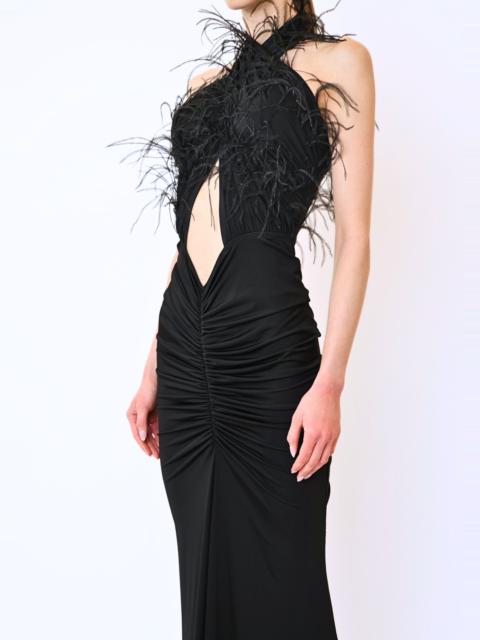 LAPOINTE Jersey Sleeveless Halter Ruched Gown With Feathers