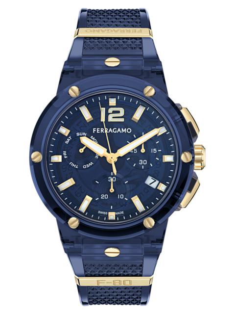 FERRAGAMO FERRAGAMO F-80 Translucent Chronograph Recycled Polyurthane Strap Watch, 44mm in Blue at Nordstrom