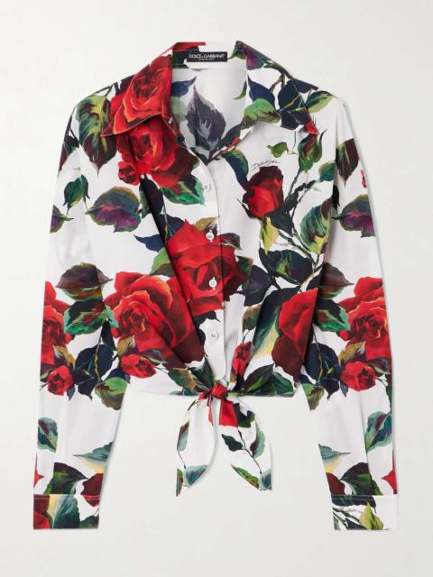 Cropped tie-detailed floral-print cotton-poplin shirt Red