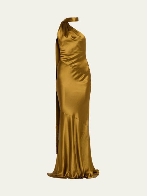 RETROFÊTE Kelsa High-Neck Satin Scarf Gown