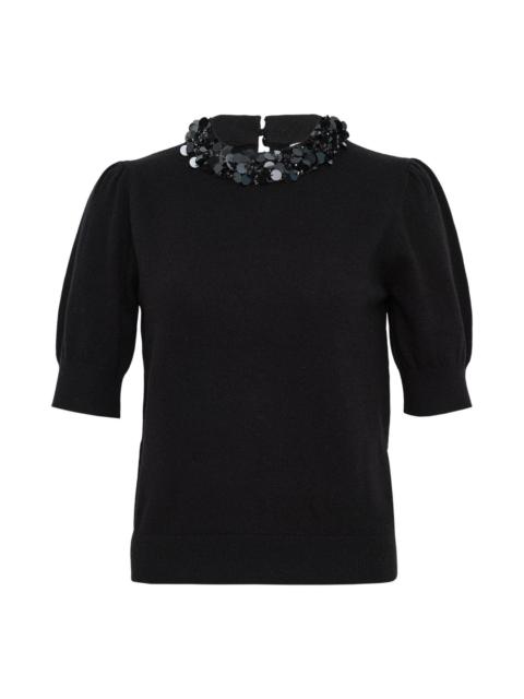 ULLA JOHNSON Liv Embroidered Cashmere Short Sleeve Knit Top