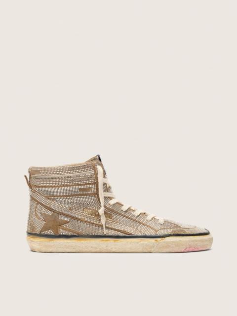 Golden Goose Men's Slide LAB sneakers in tobacco-colored suede with crystals and tobacco-colored suede star