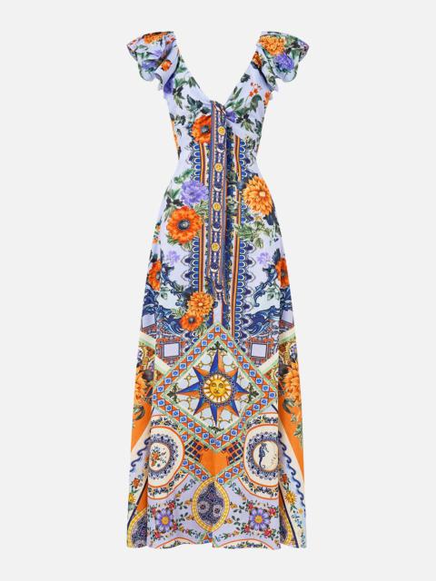 CAMILLA TIE FRONT FRILL SLEEVE LONG DRESS