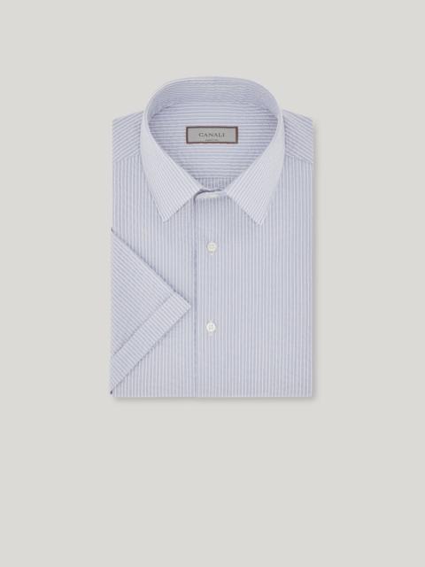 Canali GREEN AND WHITE STRIPED SEERSUCKER COTTON SLIM-FIT SHIRT
