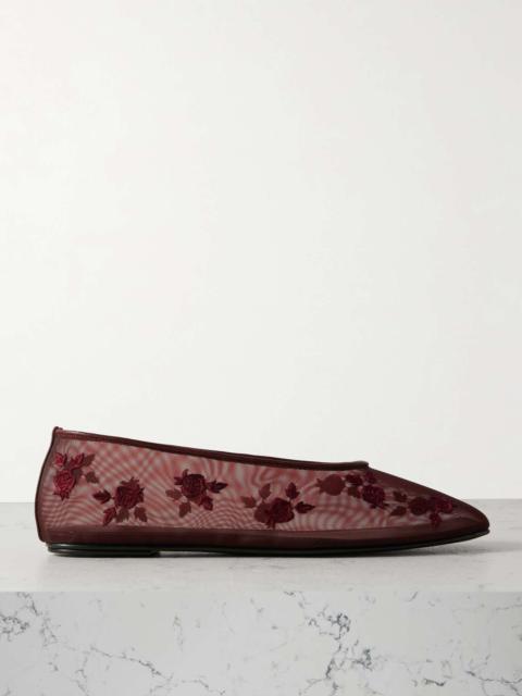 Leather-trimmed embroidered mesh ballet flats Burgundy