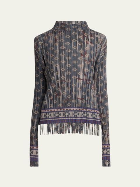 GIORGIO ARMANI Mock-Neck Geo Jersey Plisse Fringe Top