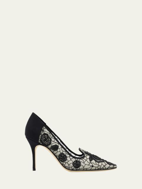 Manolo Blahnik Milandra Beaded Floral Lace Pumps