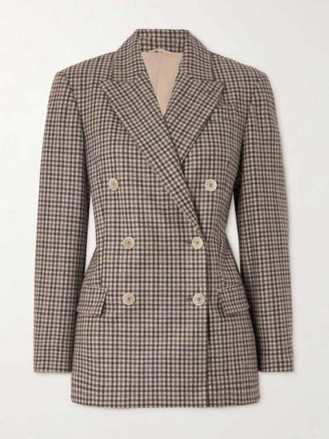 Double-breasted checked wool blazer Brown