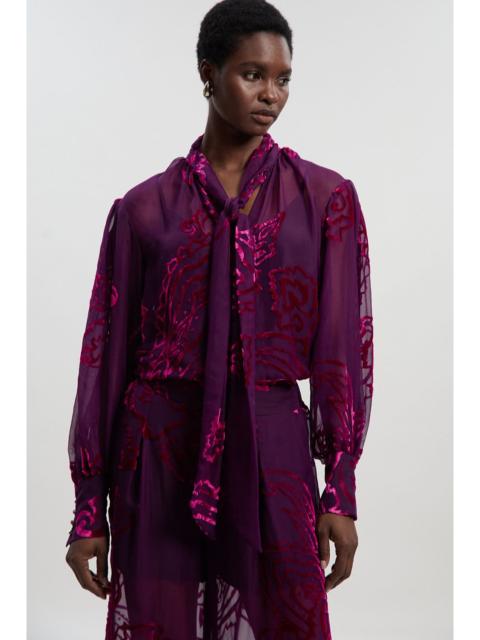 KAREN MILLEN Paisley Devore Woven Pussy Bow Blouse