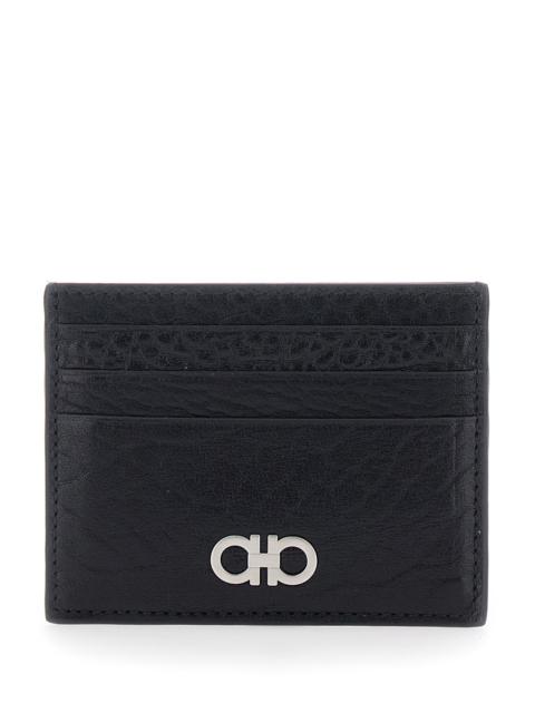 FERRAGAMO Ferragamo Men Black Card Holder With Gancini Plaque On The Front In Leather Man