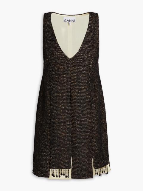 GANNI Fringed bead-embellished herringbone tweed mini dress