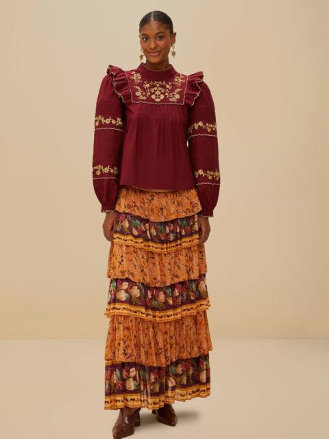 FARM RIO Colorful Birds Camel Ruffles Midi Skirt