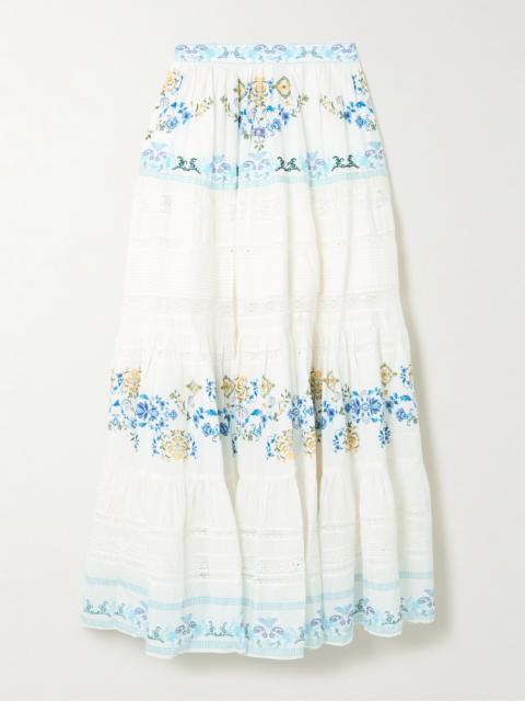 CAMILLA My Homespun Heart Lace-trimmed Embroidered Printed Tiered Cotton And Silk-blend Maxi Skirt
