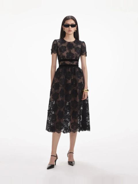 self-portrait BLACK LACE VELVET BOW MIDI DRESS