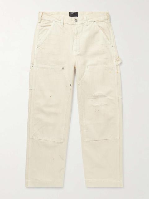 Straight-Leg Distressed Panelled Herringbone Denim Trousers