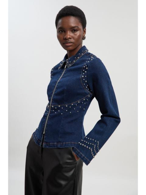 KAREN MILLEN Denim Placed Stud Zip Through Collared Jacket
