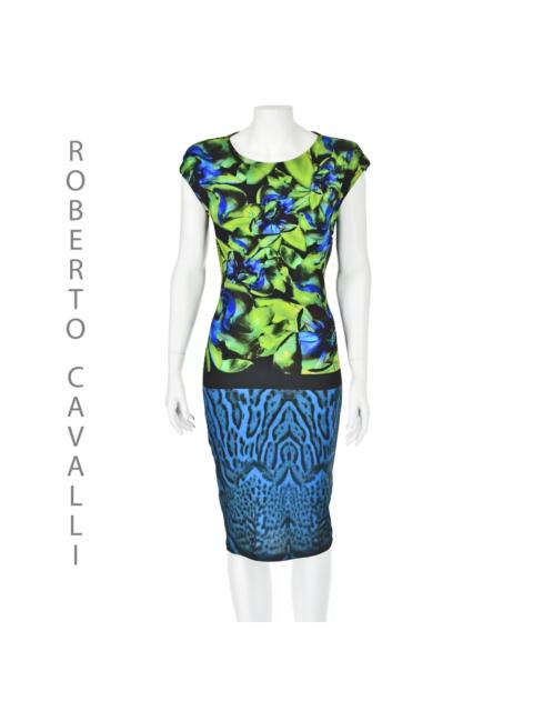 Roberto Cavalli Green Floral & Blue Animal Print Knit Sheath Dress