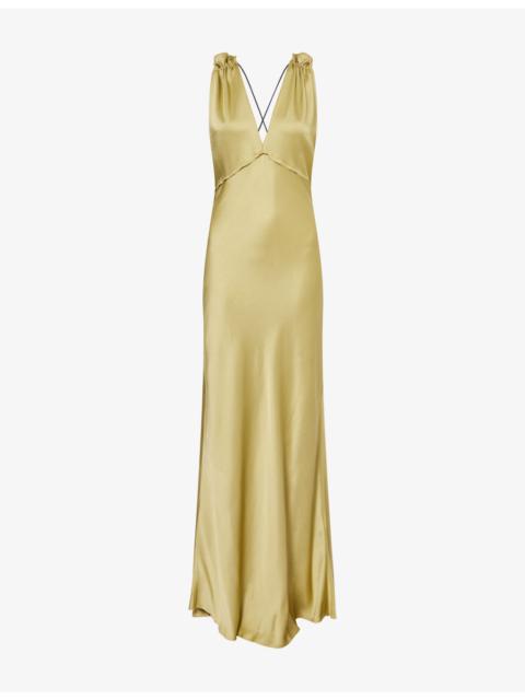 Victoria Beckham Gathered V-Neck Satin Maxi Dress