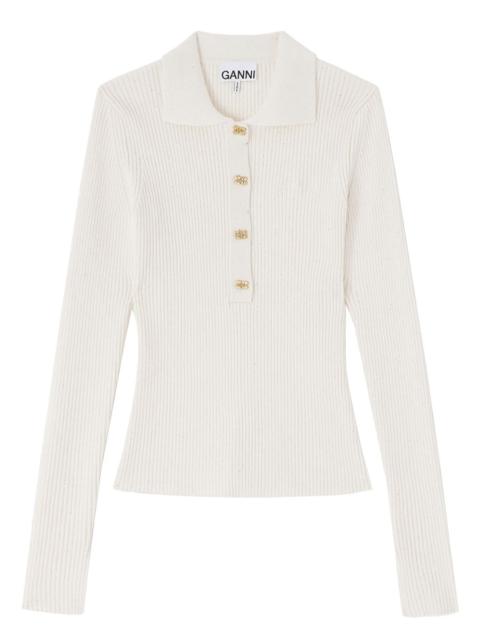 GANNI RIBBED POLO SHIRT WITH SEQUINS