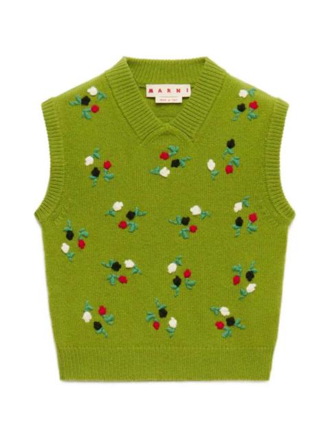 Marni Marni Women Green Wool And Cashmere Vest With Floral Embroidery.