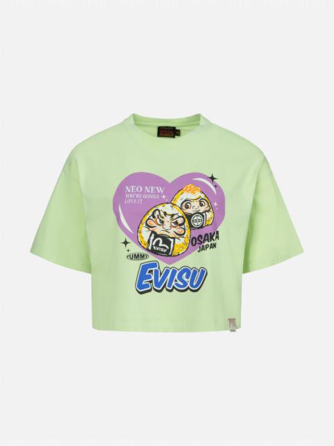 EVISU ONIGIRI DARUMA AND HEART PRINT CROPPED T-SHIRT
